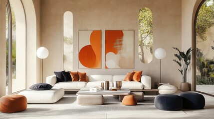 A modern, minimalist living room interior, room with tall arched windows and natural light, beige walls, orange abstract artwork, white sofa with orange and navy accent pillows, round white globe lamp