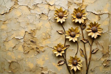 Wall Mural - The sunflowers are painted in stucco on a gold background