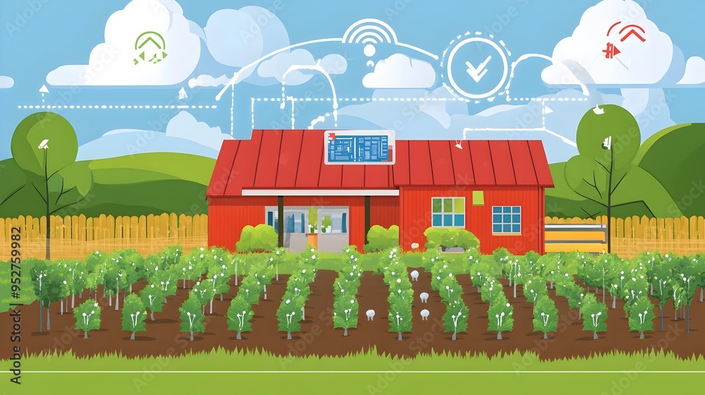 Farm Productivity Graphics graphic depicting IoT sensors and connected technology monitoring ...