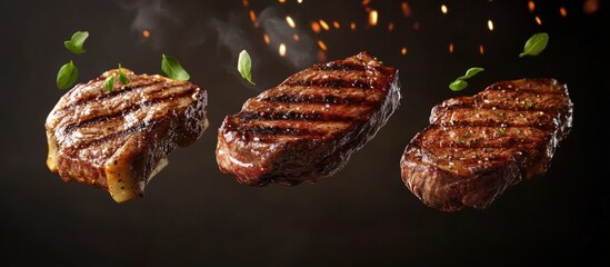 Three Perfectly Grilled Steaks with Basil and Smoke in the Air