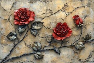 Wall Mural - Gold leaf bordered stucco relief wall with red flowers