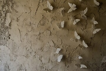 Wall Mural - Wall with white stucco relief and butterfly design