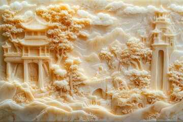 Wall Mural - A gold and white stucco relief depicting a mountain landscape with trees