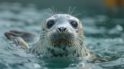 Wall Mural - A curious harbor seal with black spots and white whiskers peeks out of the water, its dark eyes gazing directly at the camera.