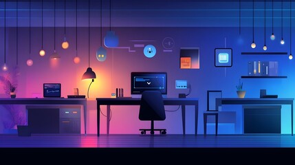 Poster - graphic of smart office lighting system controlled by internet of things iot devices featuring autom
