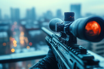 close up assault rifle on the rooftop of the building, assassin, US flag visible
