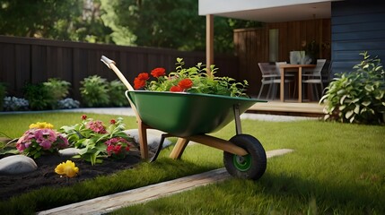 Wall Mural - wheelbarrow with flowers in garden