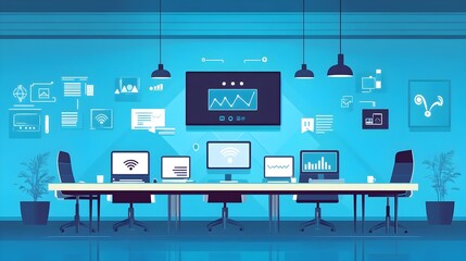 Poster - innovative smart office meeting room with iot connected devices and screens for collaborative effici