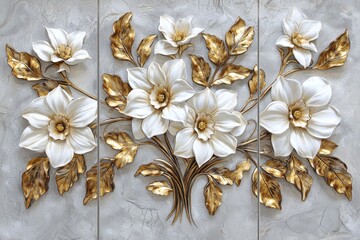 There are three flowers in this gold and white painting