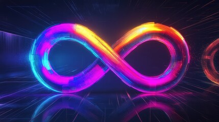 Poster - A vibrant multicolored infinity symbol glowing with a neon effect, set against a dark, futuristic background.