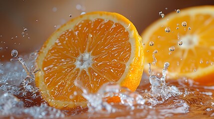 Wall Mural - Two orange halves splashing in water, creating a vibrant and refreshing image.