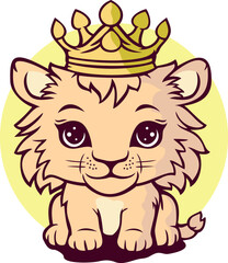 Cute Little Lion Wearing Crown Cartoon Illustration