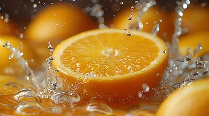 Wall Mural - A halved orange splashes into a pool of water, creating a vibrant and refreshing image.