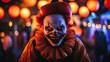 © PalaG - Sinister Clown Welcoming Guests to Spooky Halloween Party with Menacing Grin and Dark Atmosphere