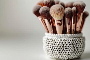 Canvas Print - Set of makeup brushes with holder, white background, beauty tools