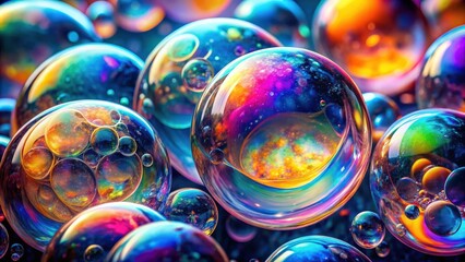 Poster - Small bubbles in iridescent plastic producing psychedelic colors, bubbles, iridescent, plastic, psychedelic, colors