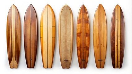 Collection of vintage wooden longboard surfboard isolated on white background, retro, style, old, wooden, longboard