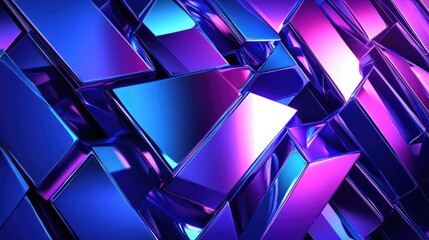 Abstract 3D shapes in vibrant blue and purple gradients, creating a futuristic geometric pattern on a digital background.