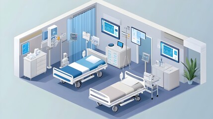 Poster - sleek and modern graphic depicting smart hospital rooms equipped with iot connected devices
