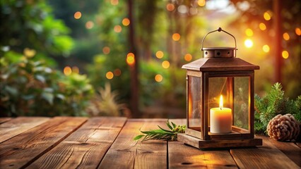 Aufkleber - Cozy wood table with rustic lantern creating warm atmosphere, rustic, lantern, wood, table, empty, warm, inviting, atmosphere, cozy