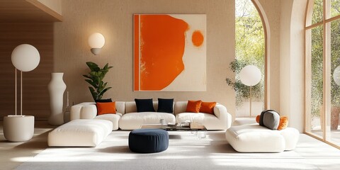 A modern, minimalist living room interior, room with tall arched windows and natural light, beige walls, orange abstract artwork, white sofa with orange and navy accent pillows, round white globe lamp