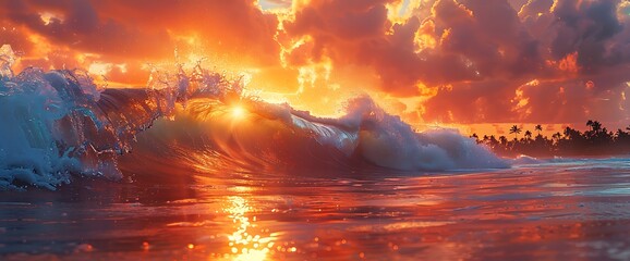 Sticker - Dramatic sunset over the ocean with a breaking wave.