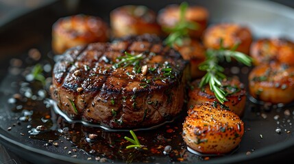 Wall Mural - Close-up of a perfectly seared beef tenderloin steak with sauteed scallops and rosemary sprigs on a black plate.