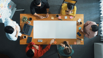 Poster - Top view of diverse group walking at boardroom and brainstorming idea. Smart startup team sharing marketing idea while project manager standing at whiteboard and present financial plan. Convocation.