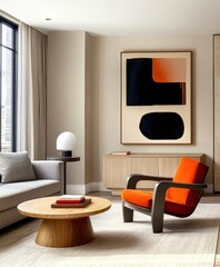 An elegant mid-century modern living room interior, minimal design with beige walls, hardwood floors, iconic furniture pieces like an orange armchair and grey sofa, a round wooden coffee table, large 