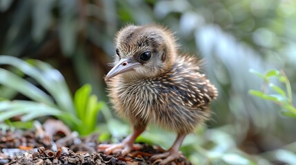 Wall Mural - A small, fluffy chick with brown feathers and large eyes stands on a bed of leaves.