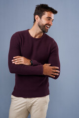 Poster - Business man, laughing and happy with arms crossed for corporate joke, funny client or comic story. Professional employee, person or smile with confidence, career pride and humor on studio background