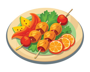 Wall Mural - Chicken skewers with slices of sweet peppers and dill in plate in white background