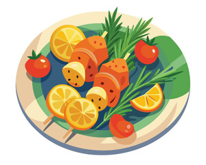 Wall Mural - Chicken skewers with slices of sweet peppers and dill in plate in white background