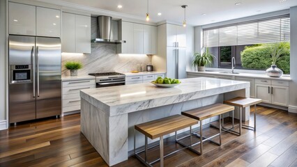 A modern kitchen bench with marble top and stainless steel appliances, kitchen, bench, countertop, interior design