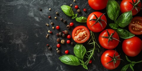 Wall Mural - Ripe red tomatoes and fresh basil leaves with assorted peppercorns scattered on a black background.