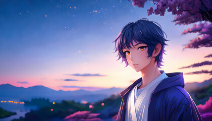 Young boy anime style illustration with twilight hues