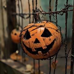 Poster - Spooky Halloween pumpkin decoration on a barbed wire fence at night