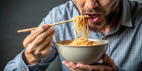 Man eating delicious bowl of ramen noodles, ramen, food, noodles, Japanese, cuisine, dish, traditional, meal, Asian, male