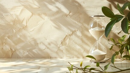 Poster - A glass hourglass sits on a table next to a plant