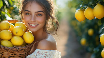 beautiful smiling young italian woman holding basket full of lemons against lemon garden background, harvest, citrus, fresh fruit, girl, nature, gardening, female portrait, summer, autumn, vitamin C