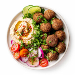 Top view of delicious falafel plate with hummus and vegetables