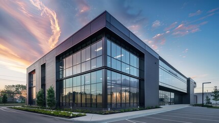 sleek modern warehouse office building exterior industrialchic design with clean lines and large windows metal and glass facade reflects surrounding environment