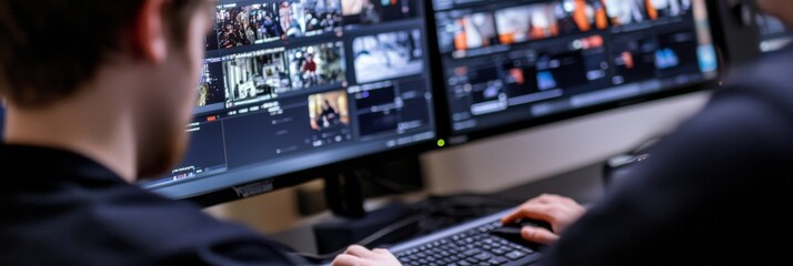 Poster - an editor is immersed in the process, focusing on multiple screens displaying a variety of clips, me