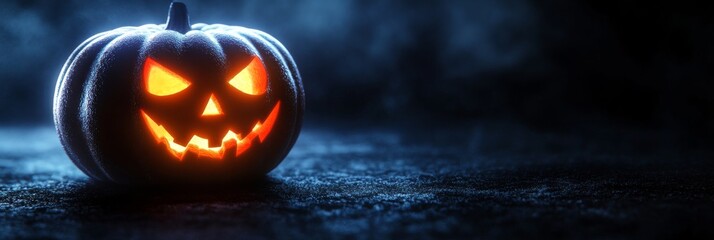 A carved Halloween pumpkin glows brightly against a dark background, casting eerie shadows that enhance the spooky ambiance of the festive season