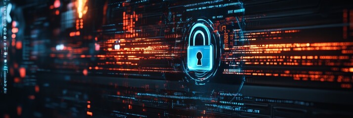 Poster - A detailed holographic screen displays various cybersecurity metrics, featuring a prominent virtual padlock that symbolizes data protection and security measures