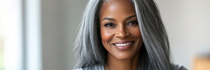 A mature black woman with long silver-gray hair smiles warmly, showcasing her flawless skin in a bright and stylish indoor environment filled with natural light