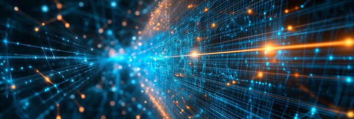 Poster - A high-angle closeup depicts a digital display illustrating an advanced data transfer process within a cloud computing framework, highlighting vibrant connectivity and technology