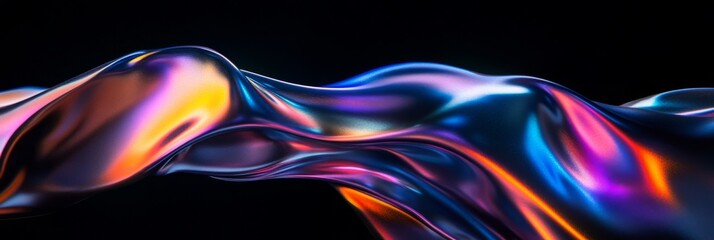 Poster - a glossy liquid takes on a dynamic and fluid shape, displaying iridescent hues that shimmer against 