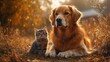 © kucindacat - Golden retriever dog and kitten posing together outdoors