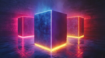 Leinwandbilder - Abstract neon background in a dark room with colorful square box shapes reflecting on the floor in 3D render.
